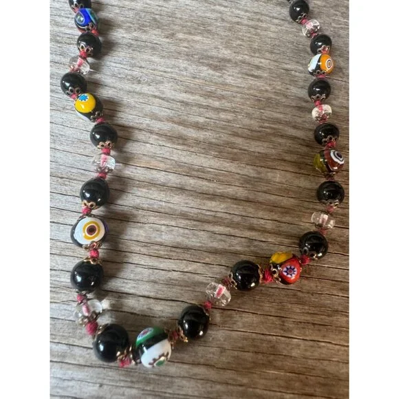 Vintage Murano Glass Bead Necklace With Colorful Millefiori Pattern
